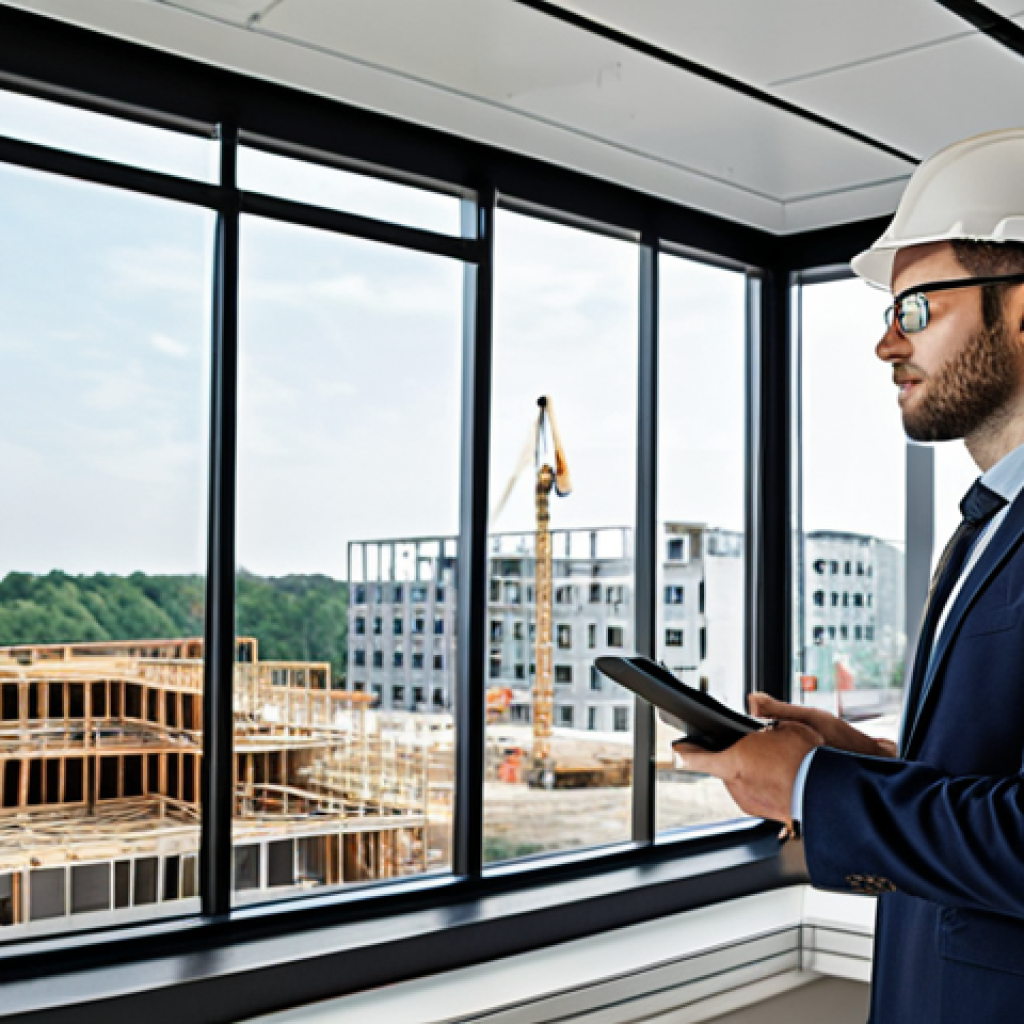 **

Prompt: "Modern architect, confident, wearing professional attire, reviewing BIM model on a large screen, construction site in background visible through the office window. Focus on collaboration and technological advancement in construction, emphasizing BIM."

**