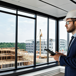 **

Prompt: "Modern architect, confident, wearing professional attire, reviewing BIM model on a large screen, construction site in background visible through the office window. Focus on collaboration and technological advancement in construction, emphasizing BIM."

**
