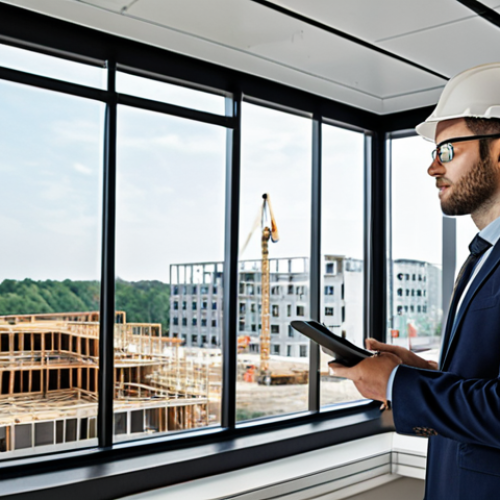 Home 17 **
Prompt: "Modern architect, confident, wearing professional attire, reviewing BIM model on a large screen, construction site in background visible through the office window. Focus on collaboration and technological advancement in construction, emphasizing BIM."
**