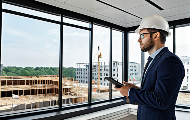 **
Prompt: "Modern architect, confident, wearing professional attire, reviewing BIM model on a large screen, construction site in background visible through the office window. Focus on collaboration and technological advancement in construction, emphasizing BIM."
**