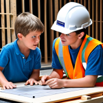 ** A student actively learning, explaining a complex construction safety concept to a young child using the Feynman Technique. The scene should be bright and engaging, visualizing simplification and understanding.

**